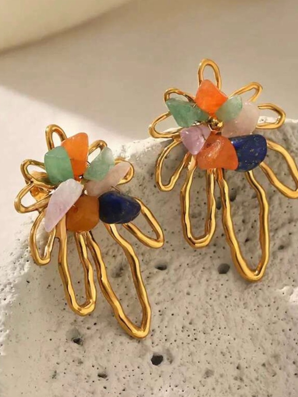 Gold Floral Multistone Earrings - Colorful Gem Petal Design